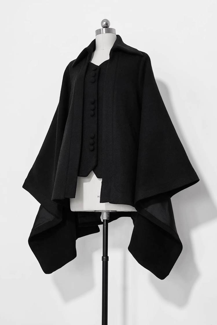 Black Retro Loose Large Sleeve Ouji Lolita Woolen Coat - Product - 2