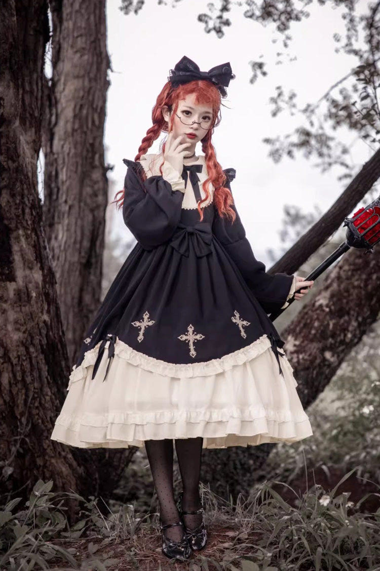 Black Retro Doll Collar Chest Bow Cross Embroidery Print Dark Girl Gothic Lolita OP Dress (Plus Size Version) - Black - 1