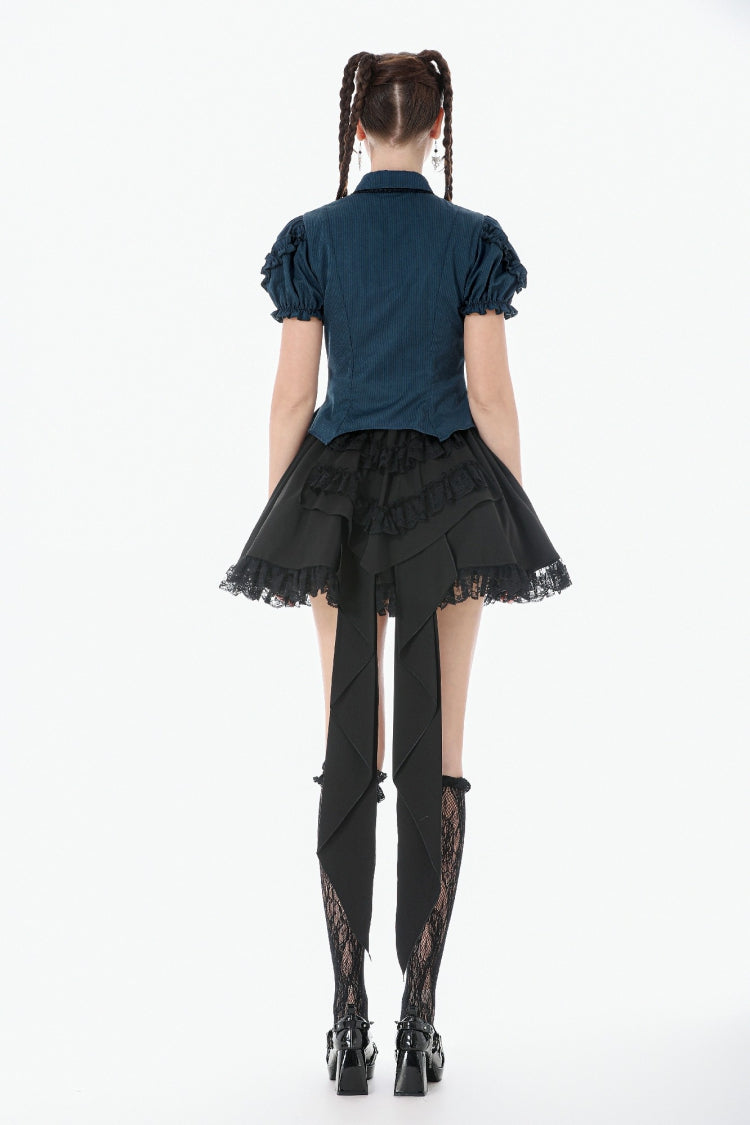 Blue Pinstripe Point Collar Short Puff Sleeves Women's Gothic Blouse with Detachable Bat Bow Tie - Product - 4