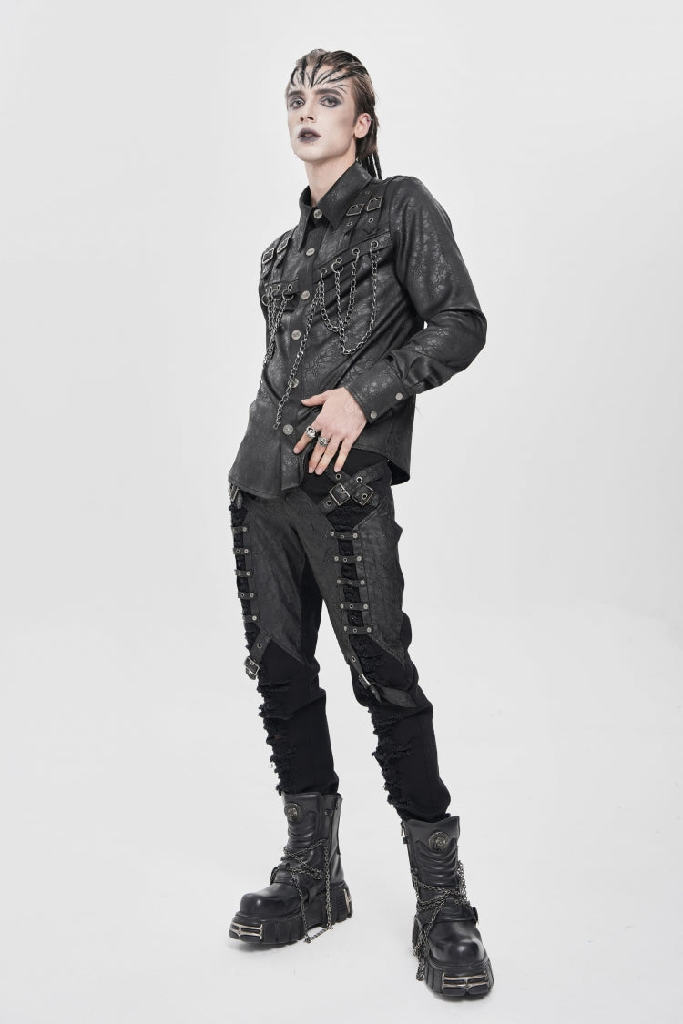 Black Ripped Buckle Straps Men's Punk Pants - Product - 4