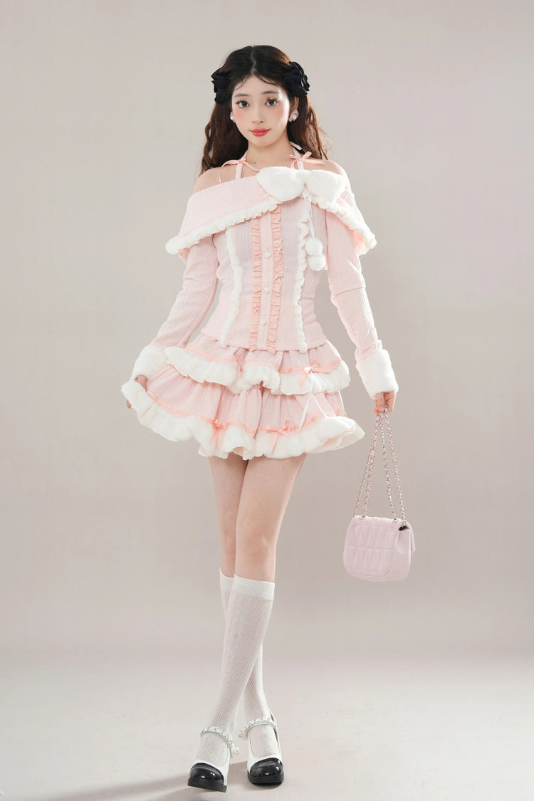 Pink Long Sleeves Ruffle Bowknot Lace Sweet Princess Lolita Tiered Top Skirt Set - Product - 6