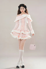 Pink Long Sleeves Ruffle Bowknot Lace Sweet Princess Lolita Tiered Top Skirt Set - Product - 6