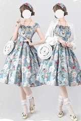 Blue/Green [Forest Basket] Sea Salt Rose Print Bowknot Chiffon Sweet Elegant Lolita Jsk Dress - Blue/Green - 1