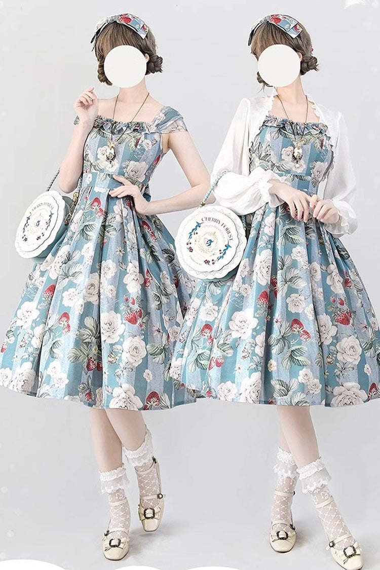 Blue/Green [Forest Basket] Sea Salt Rose Print Bowknot Chiffon Sweet Elegant Lolita Jsk Dress - Blue/Green - 1