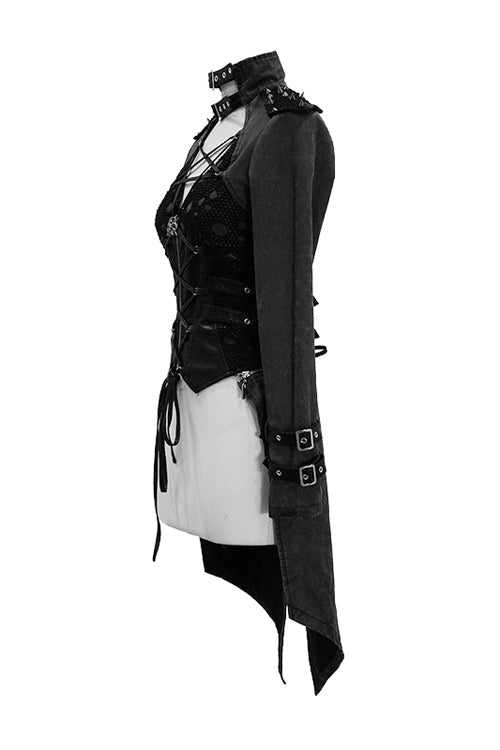 Black Spiked Zipper Up Punk Mesh Womens Coat With Loops - Product - 5