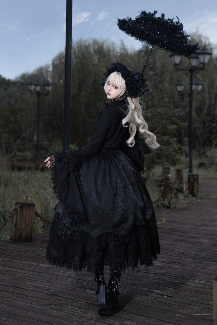 Black [Immortality Taboo] Multi-Layered Ruffled Open-Front Lace Elegant Gorgeous Gothic Lolita Skirt - Product - 8