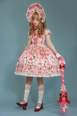 [Strawberry Cake Bouquet] Print Square Collar Short Sleeves Bowknot Lace Sweet Lolita Dress 3 Colors - Product - 8