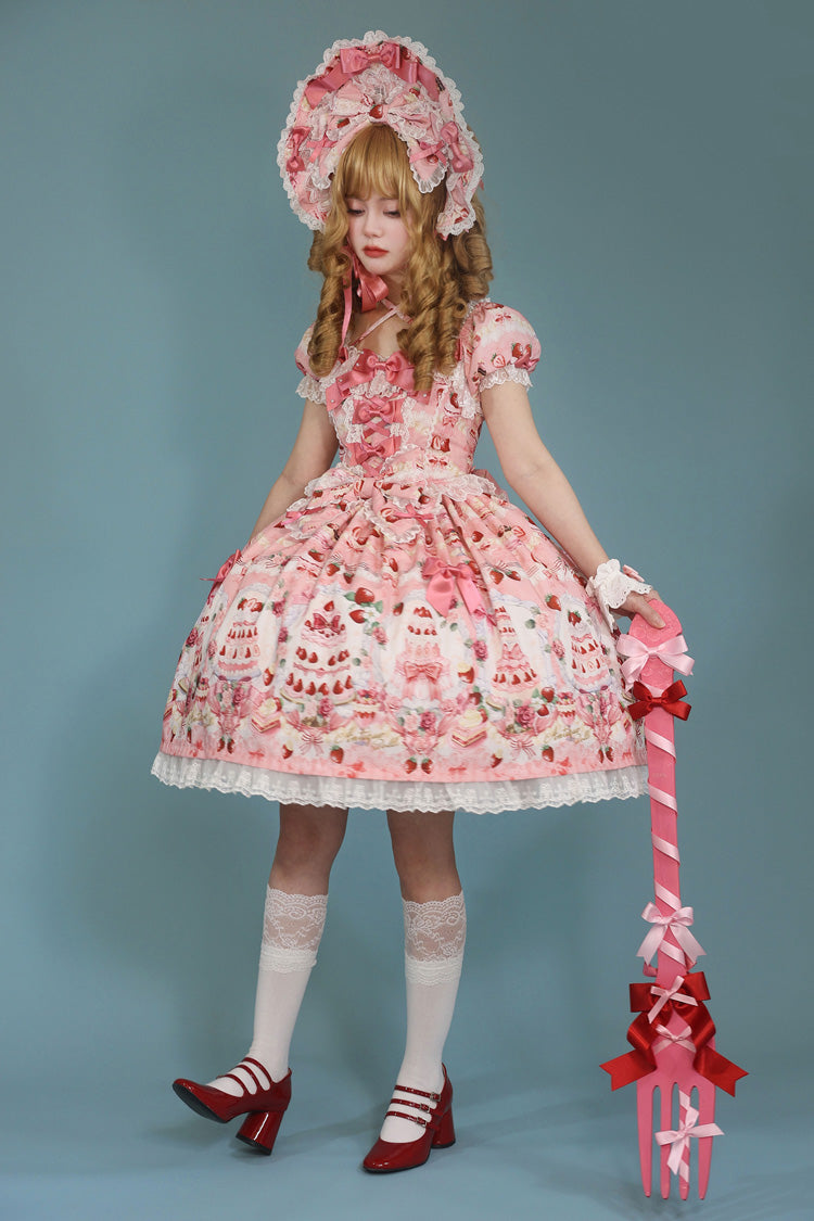 [Strawberry Cake Bouquet] Print Square Collar Short Sleeves Bowknot Lace Sweet Lolita Dress 3 Colors - Product - 8