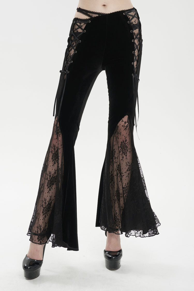 Black Velvet-Paneled Mesh Side-Adjustable Asymmetrical Women's Gothic Leggings - Product - 2