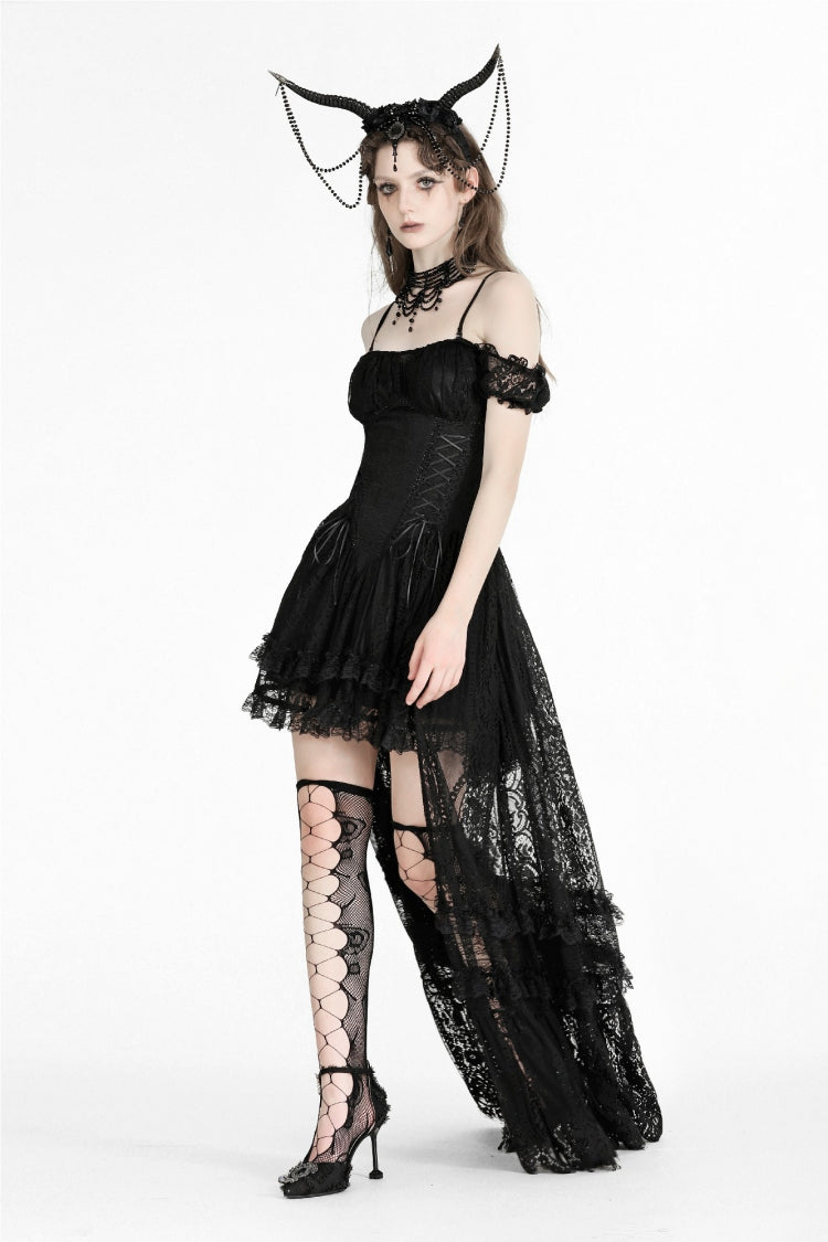 Black Off Shoulder Short Flutter Sleeves Lace-Up Lace High/Low Women's Gothic Prom Slip Dress - Product - 12
