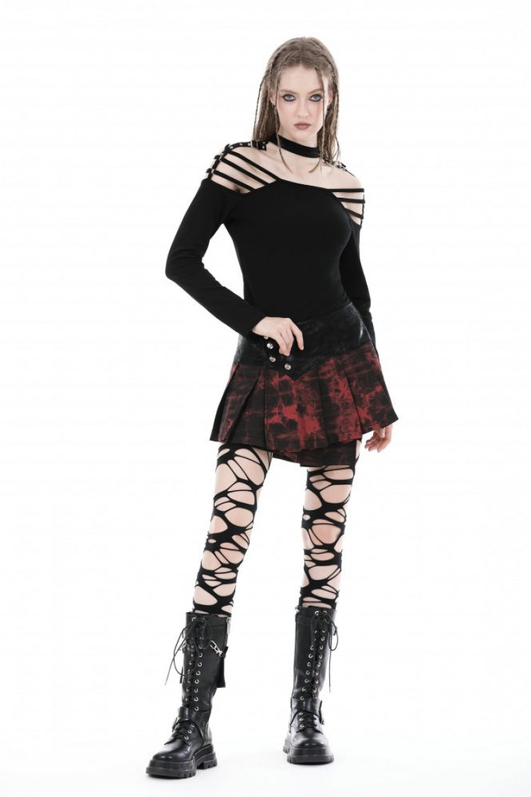 Black Off Shoulder Long Sleeves Cut-Out Buckled Women's Punk Blouse - Product - 10