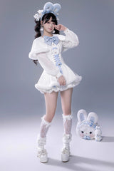 White Long Sleeves Ruffle Bowknot Lace-Up Japanese Jirai Kei Dress Shorts Plush Set - Product - 6