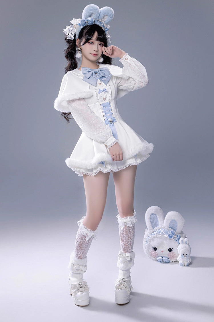 White Long Sleeves Ruffle Bowknot Lace-Up Japanese Jirai Kei Dress Shorts Plush Set - Product - 6