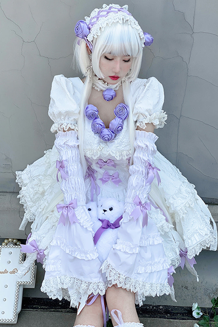 White/Purple Puff Short Sleeves Princess Gothic Lolita Tiered Dress - Product - 8