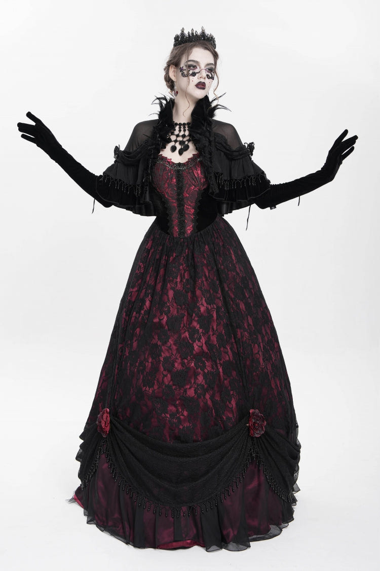 Red Jacquard Embroidery Floral Beaded Women's Gothic Long Slip Dress - Product - 12