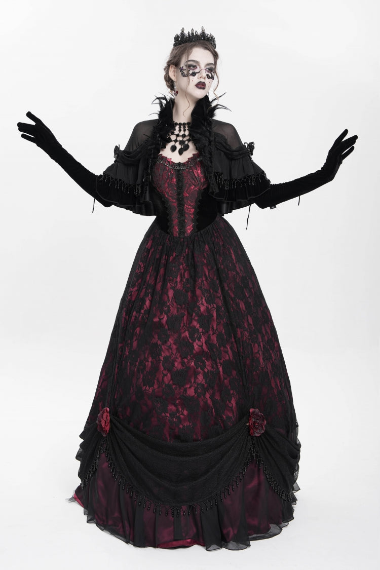 Red Jacquard Embroidery Floral Beaded Women's Gothic Long Slip Dress - Product - 12
