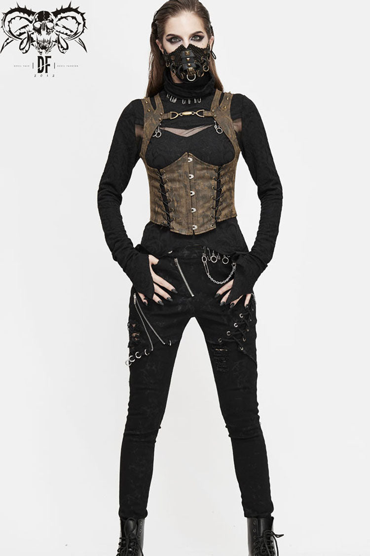 Brown Lace Up Chest Hollow Steel Buckle Rivet Strap Women's Punk Waistcoat - Product - 4
