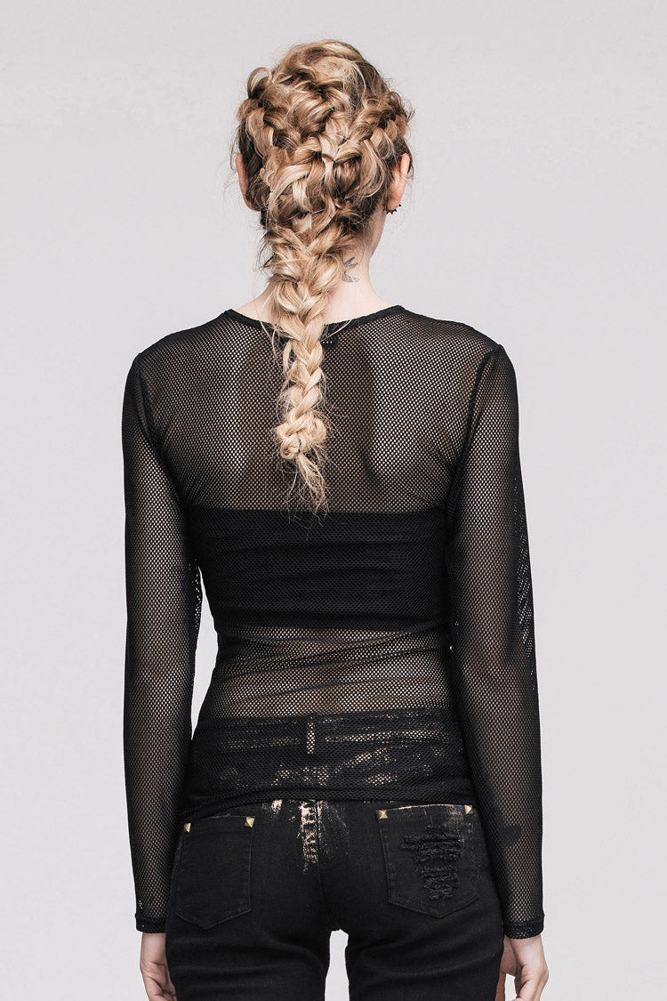 ブラック シースルー セクシー 六角形メッシュ ロングスリーブ レディース パンク T シャツ 商品画像