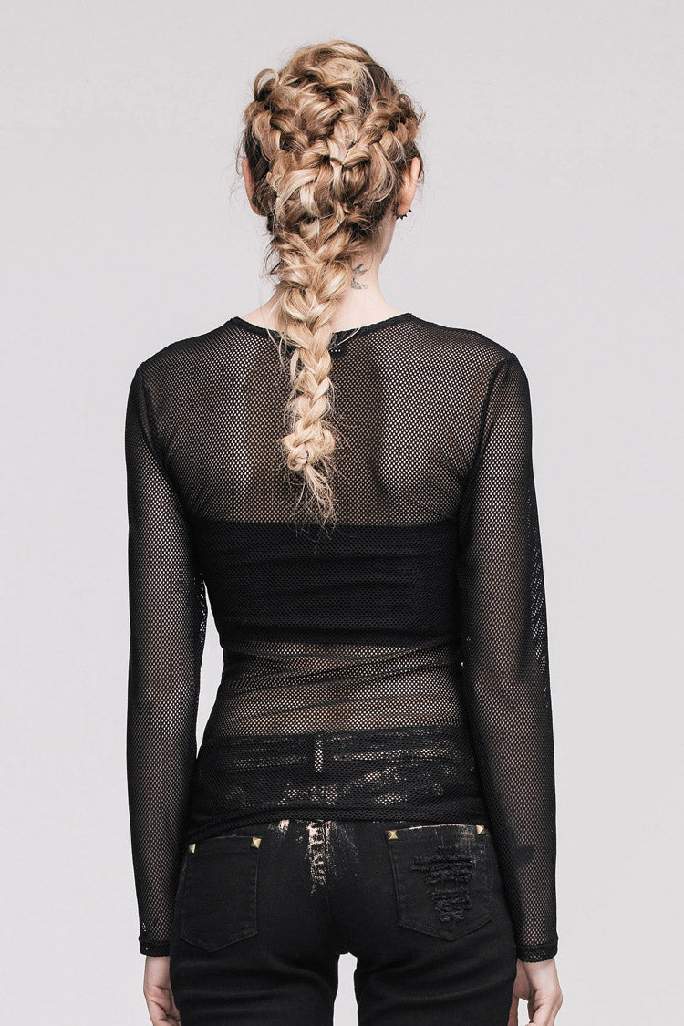 Black See-Through Sexy Hexagonal Mesh Long Sleeve Women's Punk T-Shirt - Product - 5