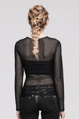 Black See-Through Sexy Hexagonal Mesh Long Sleeve Women's Punk T-Shirt - Product - 5