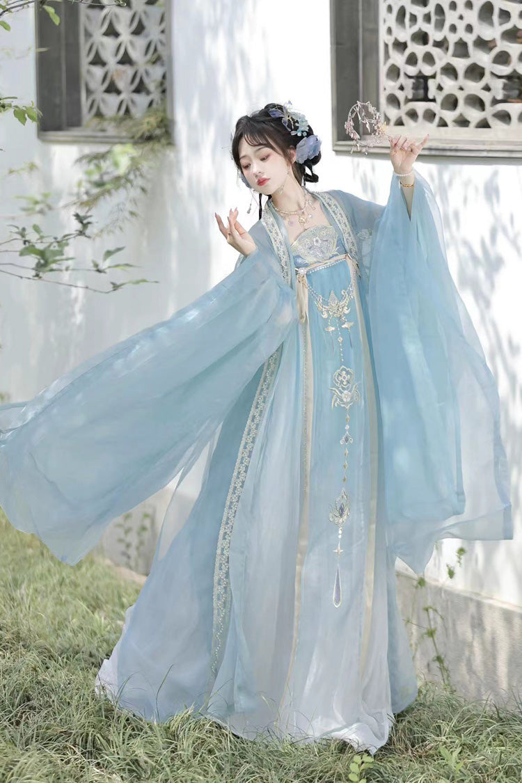 Blue Long Sleeves Embroidery Pearl Chain Sweet Tang-style Hanfu Hezi Dress Set - Product - 2