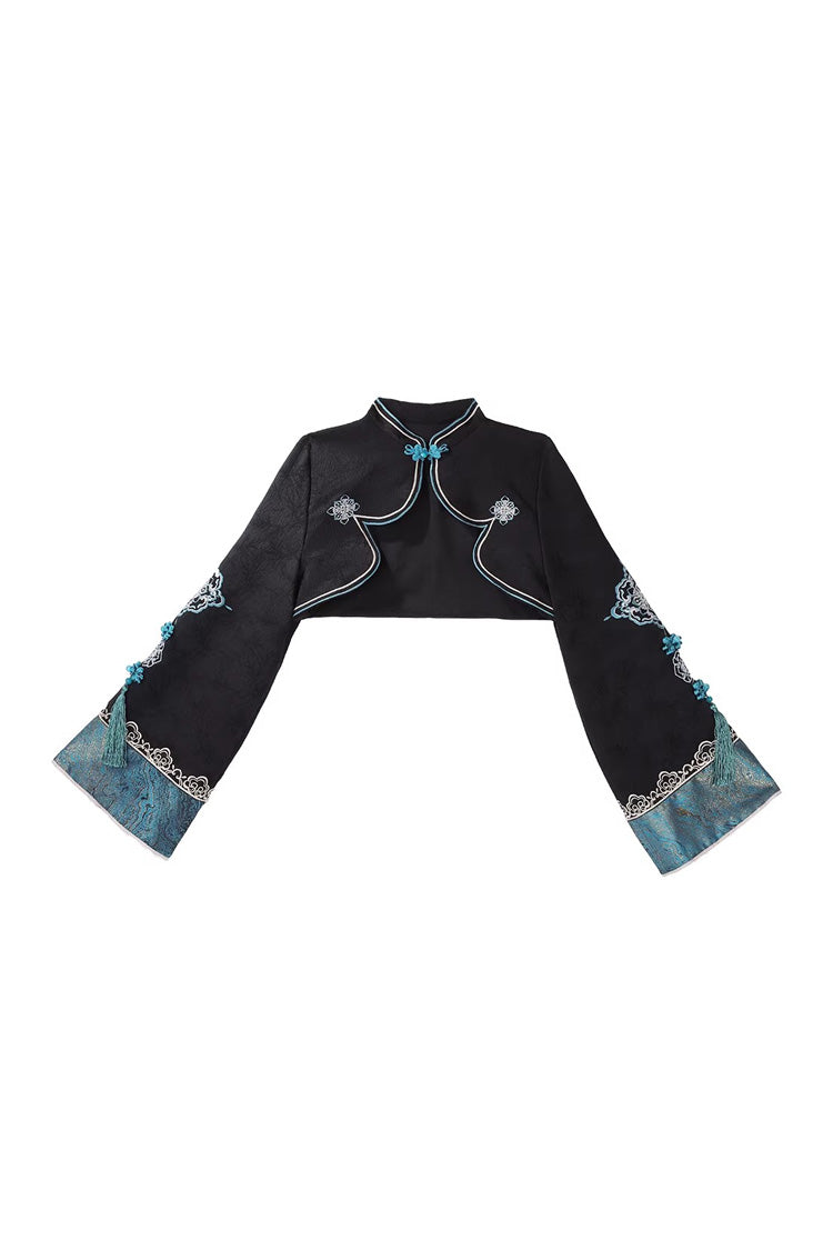 Black/Blue [Misty Teal] Long Sleeves Ruffled Cut-Out Embroidered Asymmetric Chinese Style Classic Lolita Jsk Dress Set - Top(Only) - 13