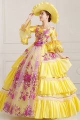 Yellow Half Sleeves Hime Sleeves High Waisted Lace Stitching Hollow Embroidery Floral Print Multi-Layer Victorian Lolita Prom Dress - Product - 2