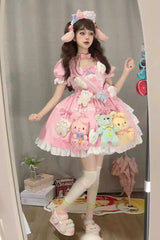 Pink Square Collar Print Doll Party Detachable Sleeves Ruffle Bowknot Sweet Princess Lolita Dress - Product - 6