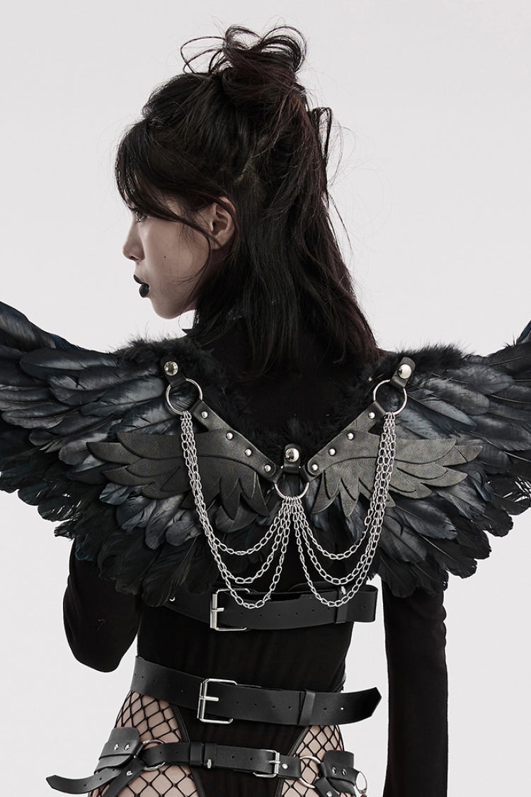 Artificial Leather Stitching Women's Steampunk Feather Wing Harness 2 Colors - Black - 1