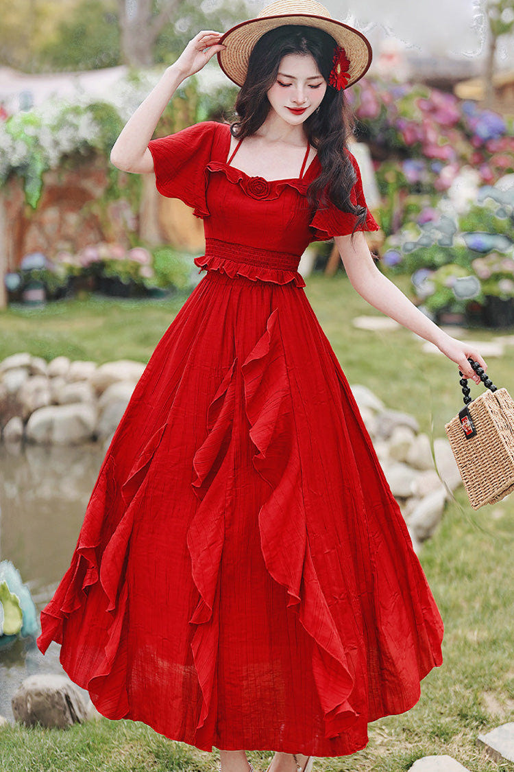Red Square Collar Halterneck Short Sleeves High Waisted Ruffled Gothic Vintage Lolita Long Skirt Set - Product - 10