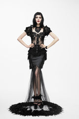 Black Mesh Fishtail Flower Feather Hem Long Satin Women's Gothic Skirt - Product - 4