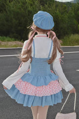 Blue/Pink [Rock Ballet] Printed Triple-Layered Ruffled Bow Lace-Up Sweet Lolita Jsk Dress - Product - 4