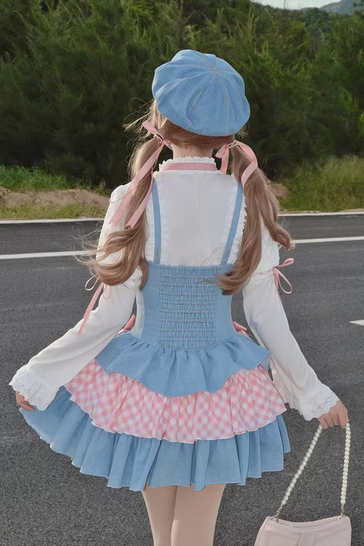 Blue/Pink [Rock Ballet] Printed Triple-Layered Ruffled Bow Lace-Up Sweet Lolita Jsk Dress - Product - 4