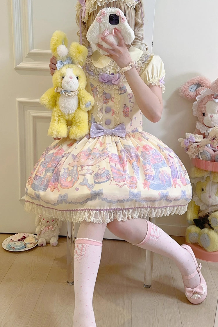 Cream Soda Mermaid Print Light Yellow Bowknot Lace Sweet Lolita Strap Dress - Product - 6