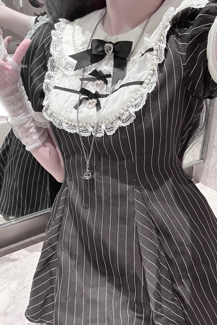 [Moonlight Whispers] Jirai Kei Rabbit Ears Doll Collar Short Sleeves Printed Ruffled Bow Lace Gothic Japanese Dress Shorts Set 2 Colors - Product - 7