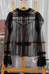 Sweet Stand Collar Long Sleeves Ruffle Sheer Lolita Blouse 2 Colors - Black - 1