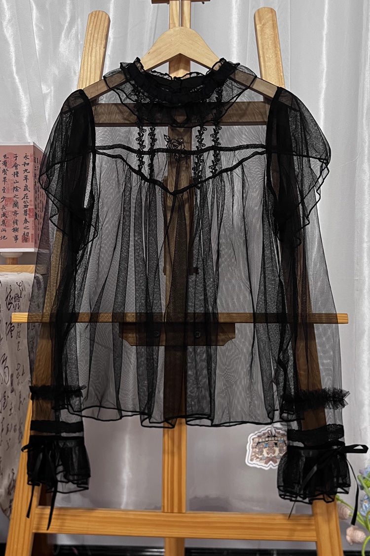 Sweet Stand Collar Long Sleeves Ruffle Sheer Lolita Blouse 2 Colors - Black - 1