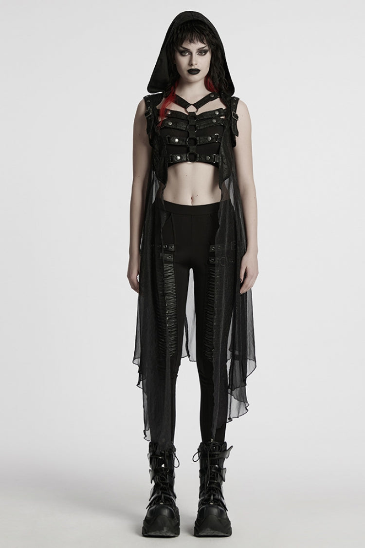 Black Sleeveless Hooded Mesh Women's Punk Harness Vest - Black - 1