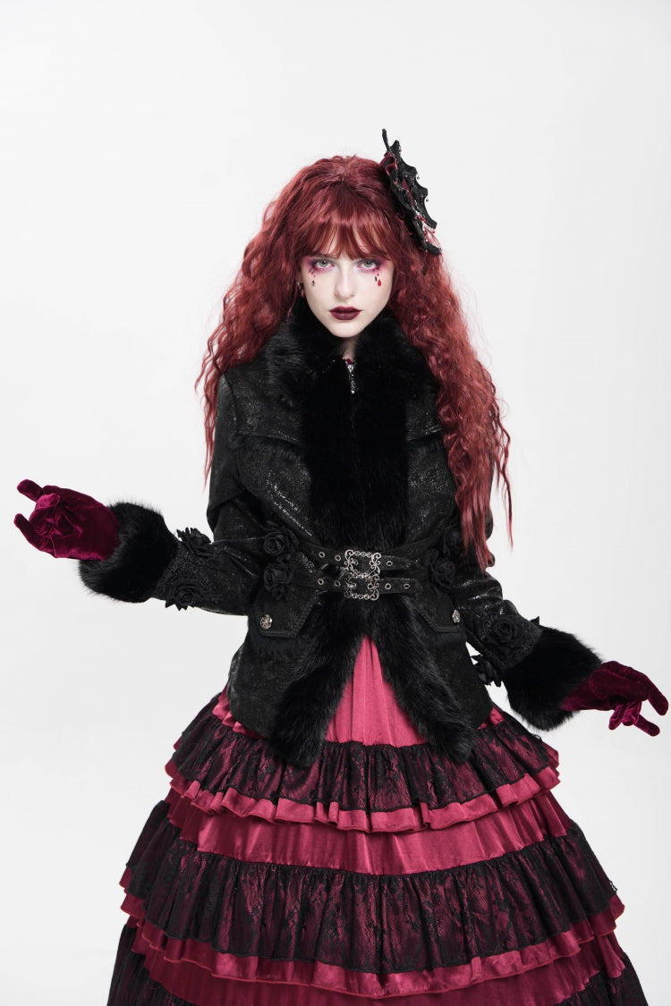 Black Long Sleeves Rose Floral Embroidery Buckle Straps Women's Gothic Coat - Product - 2