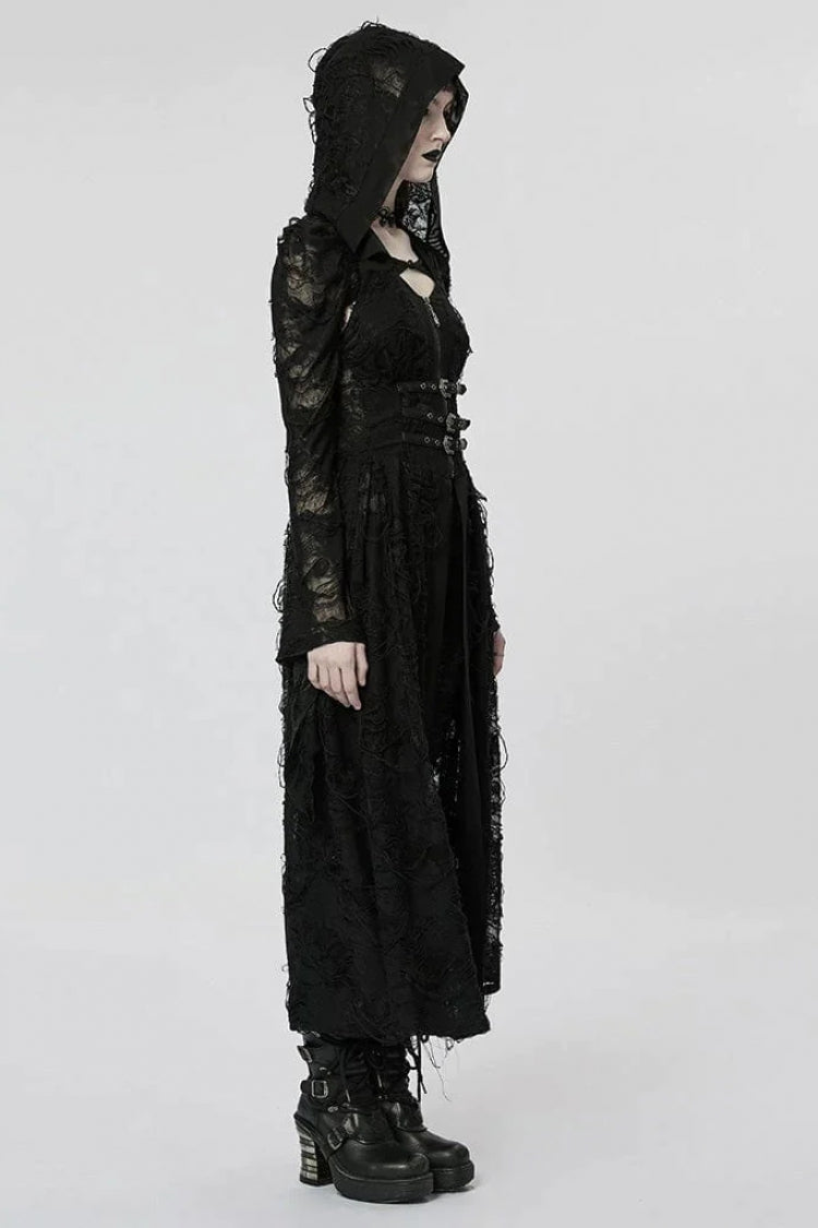 Black Two-piece Knit Ripped Hooded Womens Gothic Coat - Product - 3