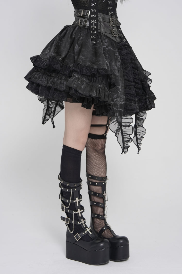 Black Multi-Layered Printed Spliced Lace Lace-Up Buckled Pleated Eyelet Women's Gothic Skirt - Product - 7