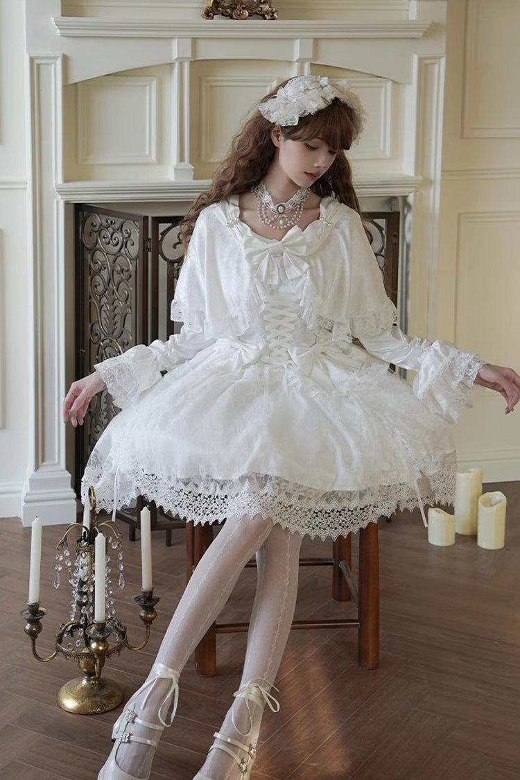 White [Cherish] Long Trumpet Sleeves Ruffle Hanayome Bowknot Lace-Up Sweet Lolita Dress - Product - 8