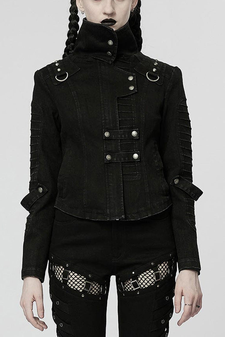 Black Denim Slant Pocket Washed Distressed Stretch Women's Punk Jacket - Black - 1