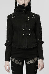 Black Denim Slant Pocket Washed Distressed Stretch Women's Punk Jacket - Black - 1