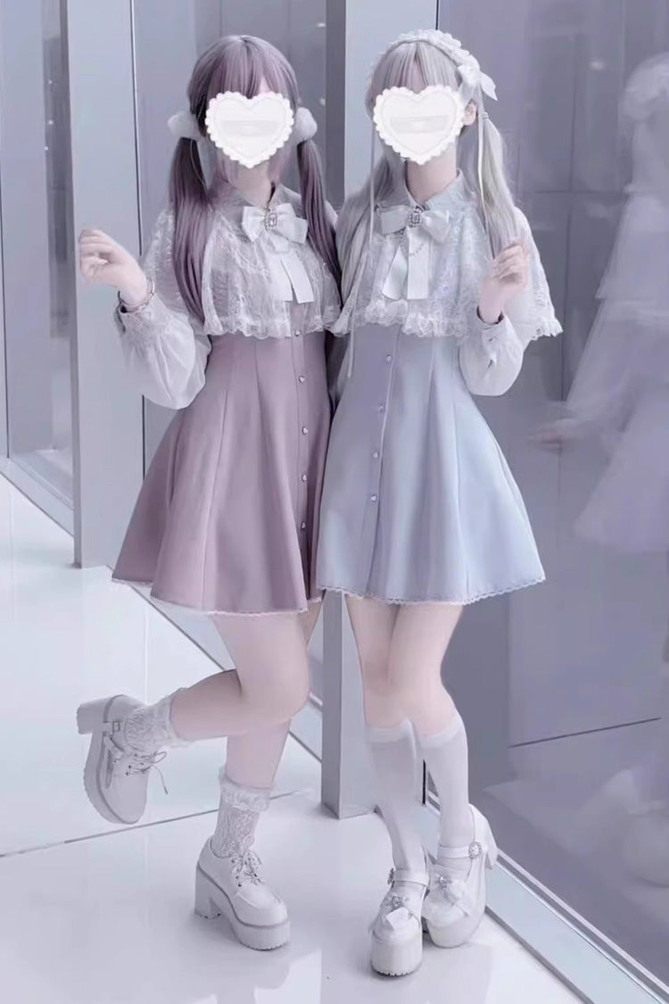 Aqua Shawl Lace Chiffon Long Sleeves Lace Slim Jirai Kei Dress - Product - 4