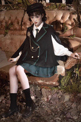 Black/Green Magic Academy Lapel Collar Gothic Vintage College Style Lolita Skirt Full Set - Product - 8