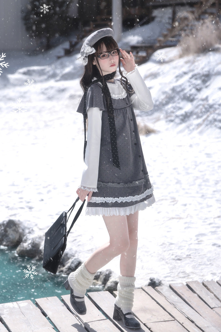 Grey Square Collar Long Sleeves Polka Dot Printed Ruffled Sweet Lolita Dress - Product - 18