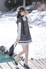 Grey Square Collar Long Sleeves Polka Dot Printed Ruffled Sweet Lolita Dress - Product - 18