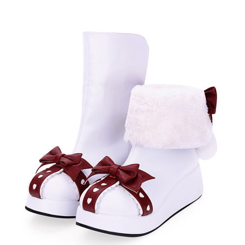White Round Toe Bowknot Plus Velvet Sweet Lolita Boots - Product - 1