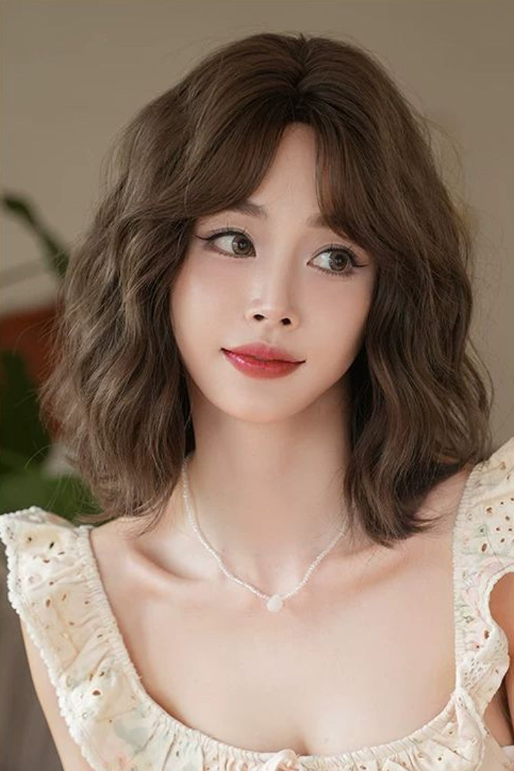 Youthful Short Sweet Lolita Wig Wool Curly Outward Flip Air Bangs 3 Colors - Cold-Tea-Brown - 4